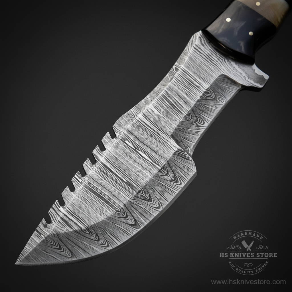 Close-up macro of Damascus steel tracker blade showing bold flowing wood grain Damascus pattern and serrated spine teeth and thick spine