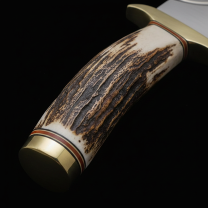 Close-up natural stag antler handle brass crossguard brass collar handmade D2 steel Bowie knife macro detail