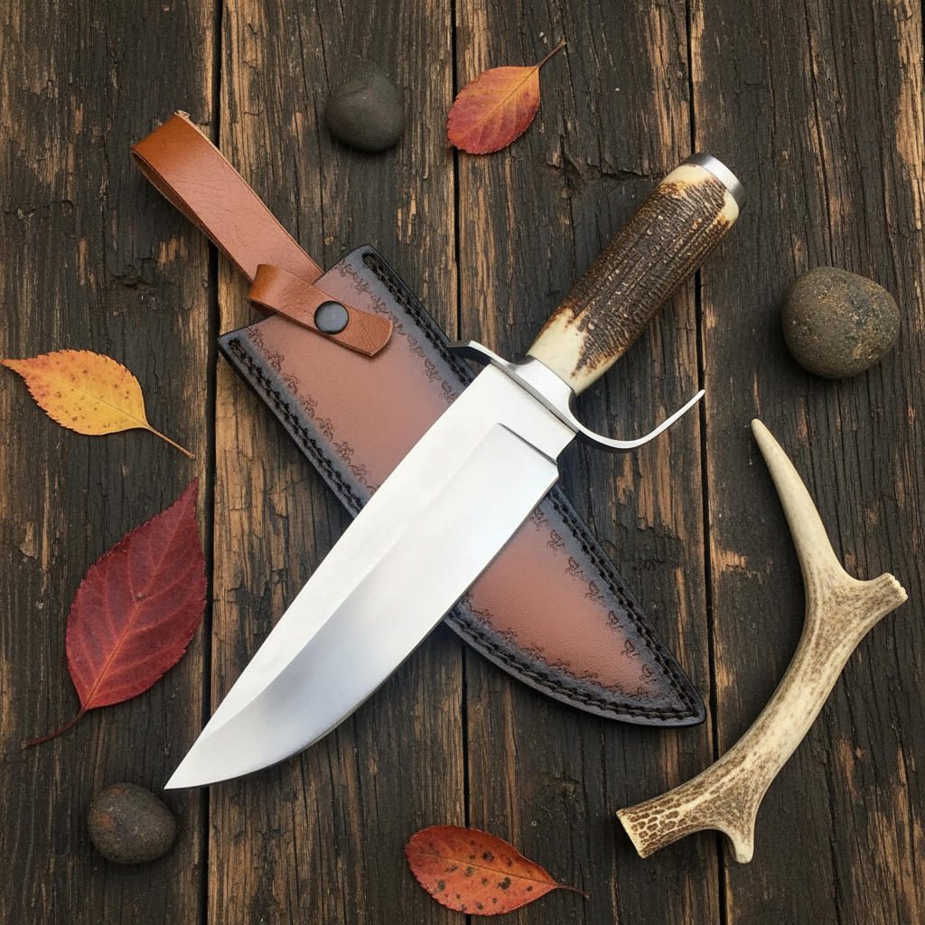 Wide blade D2 Bowie knife flat lay dark wood surface leather sheath antler