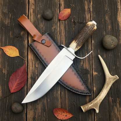 Wide blade D2 Bowie knife flat lay dark wood surface leather sheath antler
