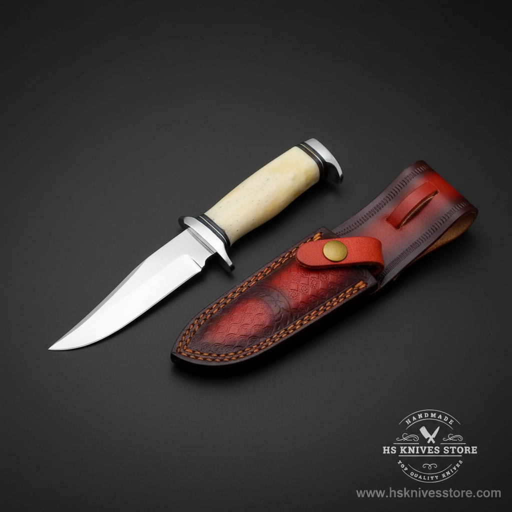 J2 steel hunting knife with natural bone handle double chrome bolster and dark burgundy leather sheath on dark charcoal background studio shot
