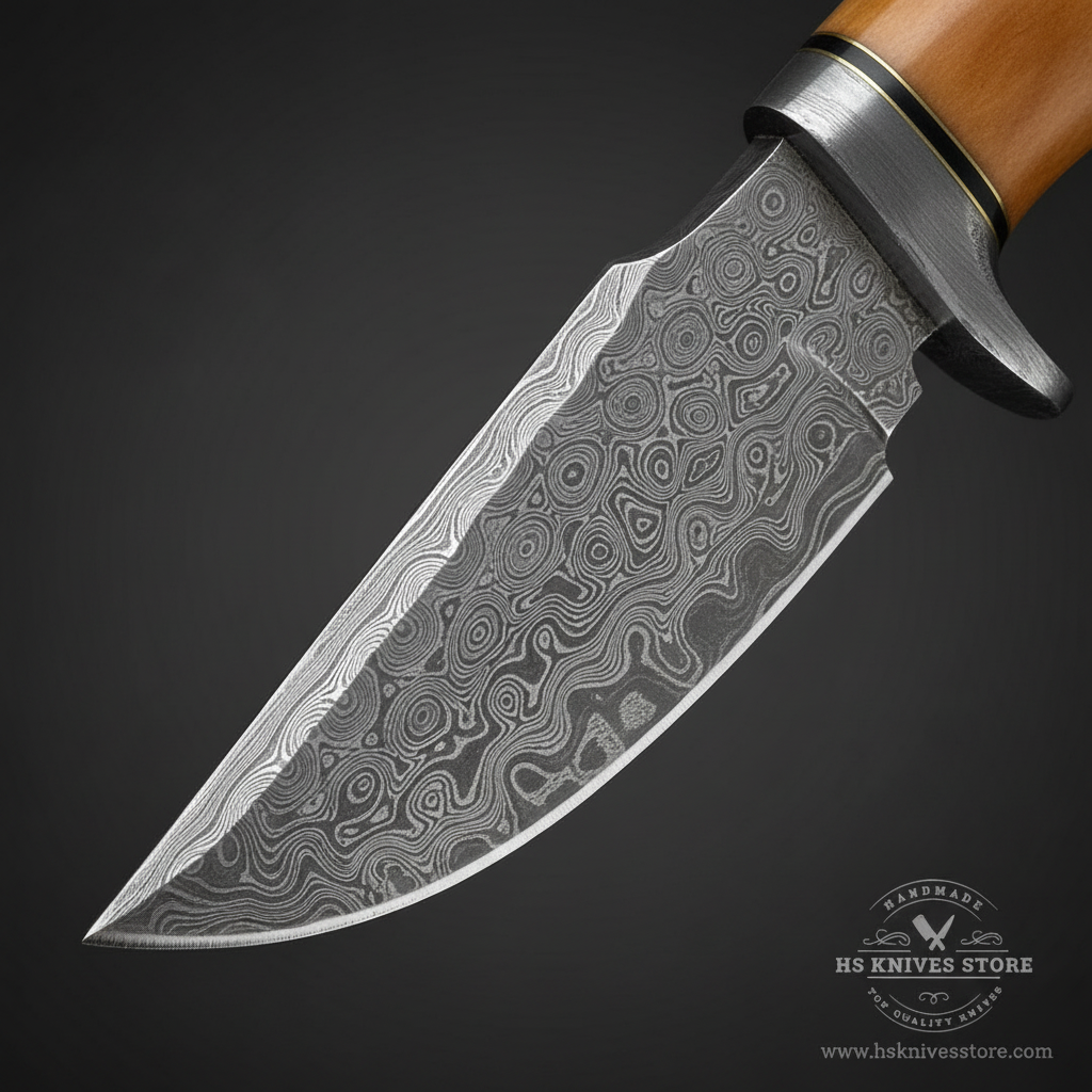 Close-up macro of Damascus steel skinner blade showing swirling layered Damascus pattern and finger choil at ricasso