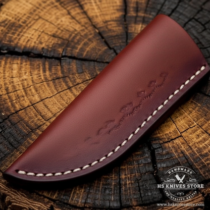Close-up macro of simple plain dark burgundy leather sheath with clean cream stitching for Damascus skinner knife
