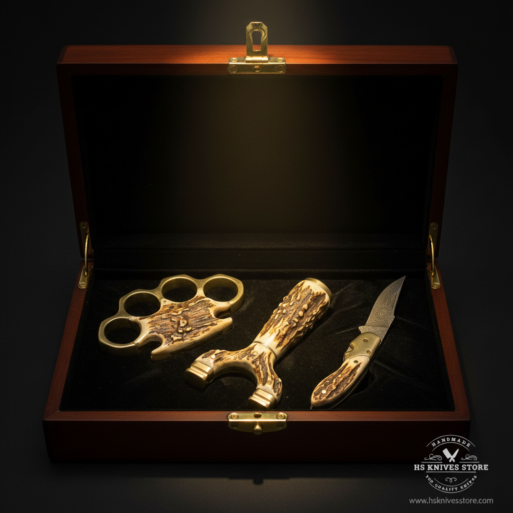 3-piece stag antler collector gift set arranged inside open dark wooden gift box with black velvet lining luxury presentation