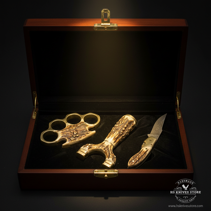 3-piece stag antler collector gift set arranged inside open dark wooden gift box with black velvet lining luxury presentation