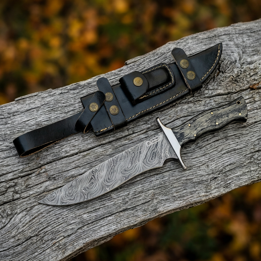 Damascus Bowie with dark wood handle and separate black leather sheath on weathered timber