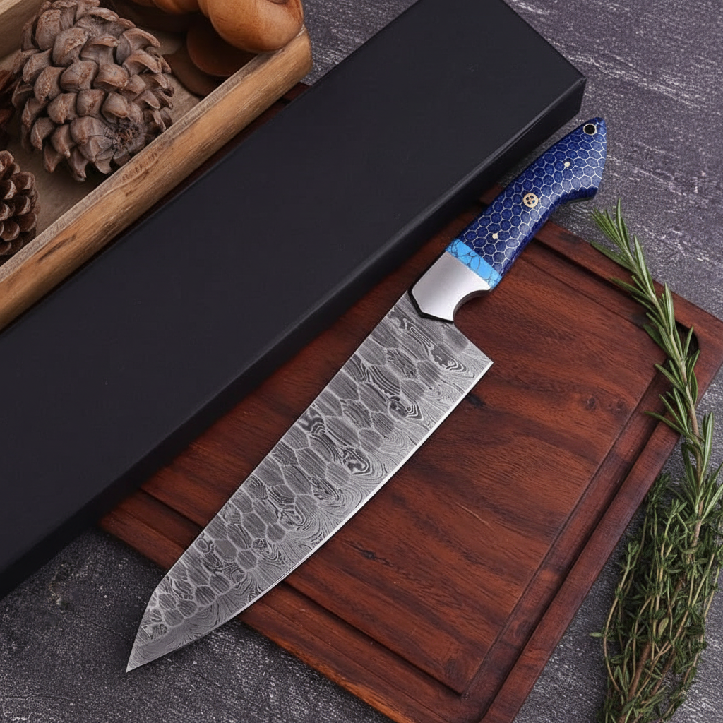 Damascus chef knife flat lay on dark walnut cutting board with pine cones and herbs