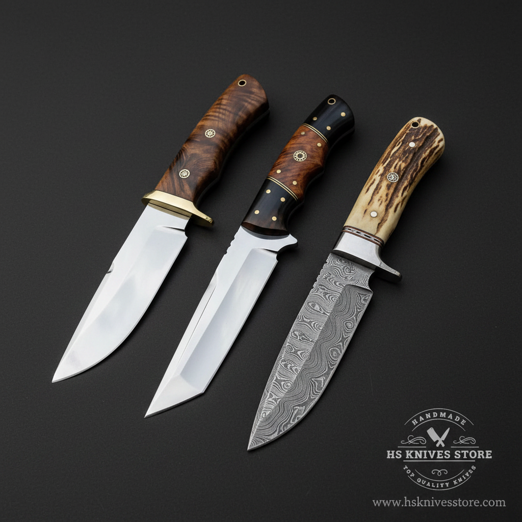 3-piece hunting knife gift set Damascus stainless steel burl walnut stag antler handles dark charcoal studio background
