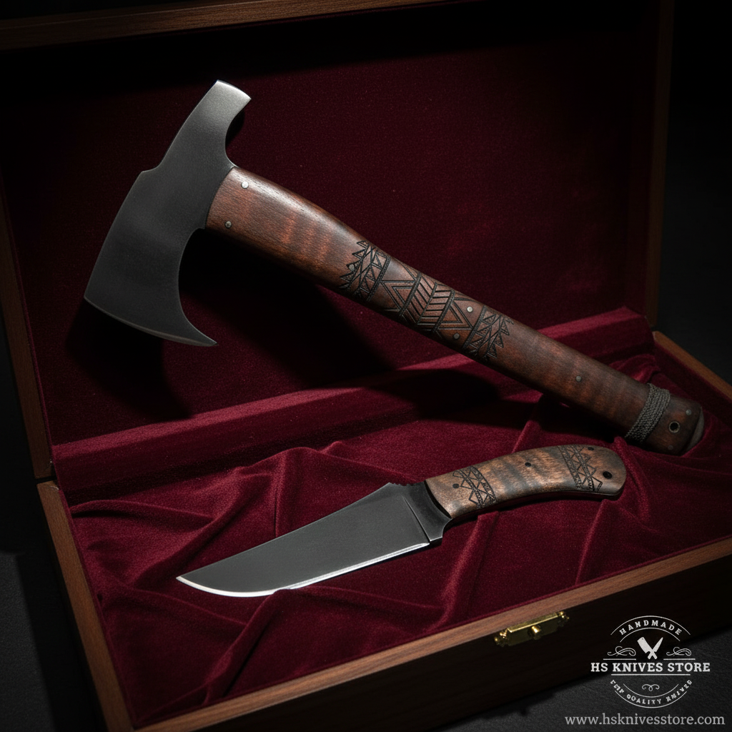 Carbon steel Viking axe and knife gift set arranged on dark velvet inside open wooden gift box luxury presentation