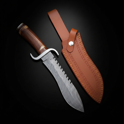 Damascus Bowie knife antler wood handle black background with leather sheath studio shot