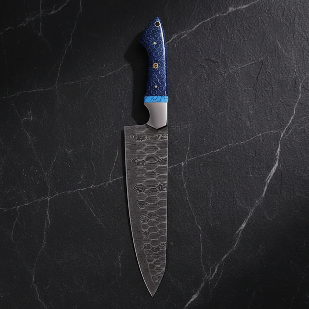 Damascus chef knife vertical luxury slate background blade pointing upward editorial shot