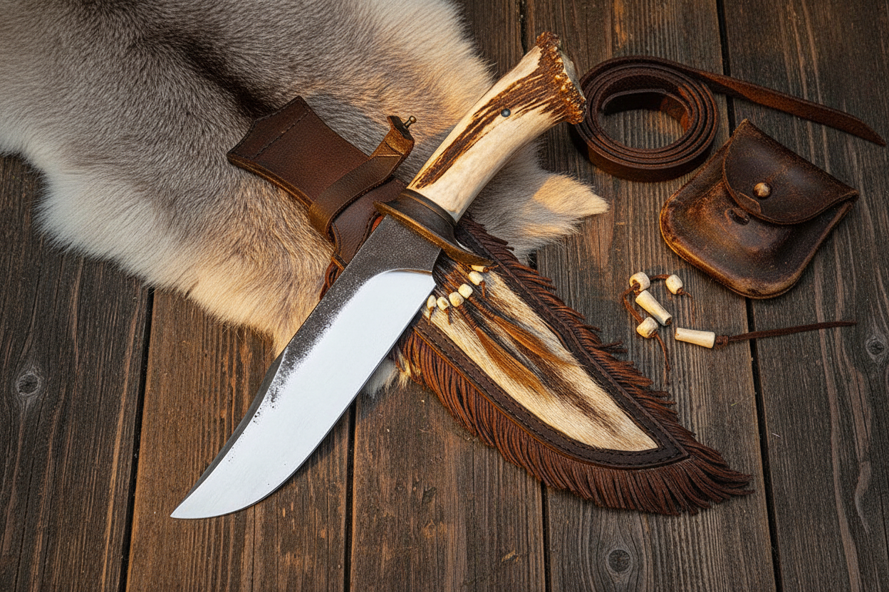 1095 steel Bowie knife with stag crown antler handle and fur fringe leather sheath flat lay on dark rustic wood with animal fur and leather accessories