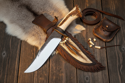 1095 steel Bowie knife with stag crown antler handle and fur fringe leather sheath flat lay on dark rustic wood with animal fur and leather accessories