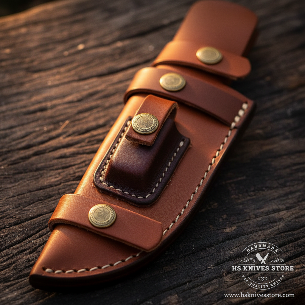 Close-up macro of cognac tan brown leather sheath with four brass concho snap buttons and dark burgundy inner panel and white cream stitching