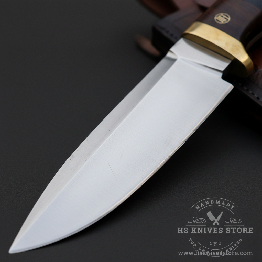 Close-up macro of D2 steel hunting blade showing mirror satin polished finish clean hollow grind and solid brass bolster guard