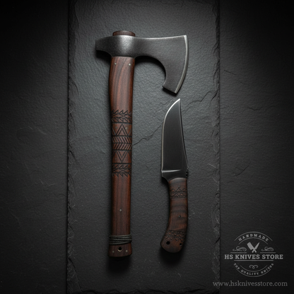 Vertical luxury shot of carbon steel Viking axe and knife gift set on dark slate background premium collector display