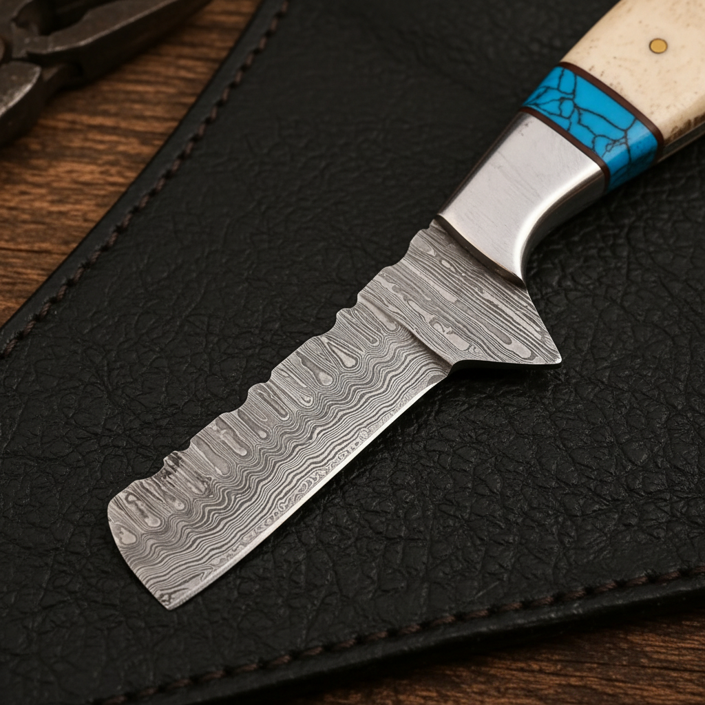 Macro detail of the hand-forged 4-inch 1095 and 15N20 Damascus steel Bull Cutter blade