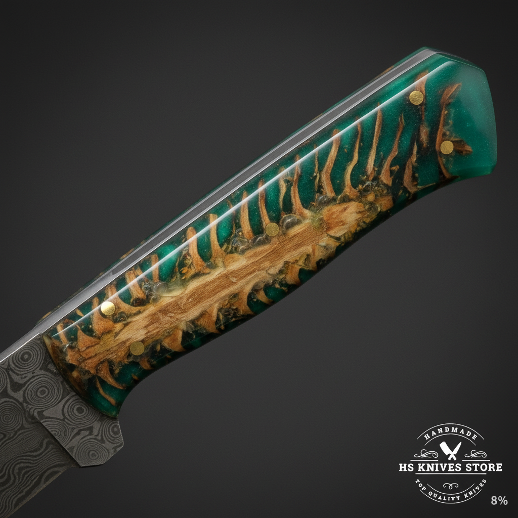 Macro view of emerald green resin handle with natural pine cone inlay visible through resin and brass pin on Damascus skinner knife