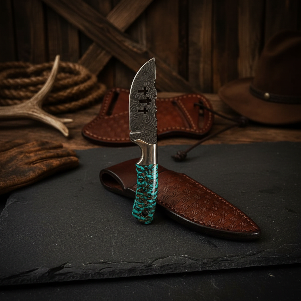 Damascus skinner knife turquoise resin handle vertical luxury slate background editorial shot