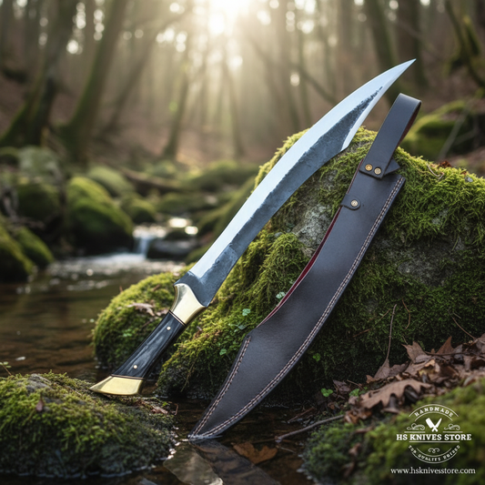 Curved carbon steel Falcata collector blade and leather sheath arranged on mossy forest rocks