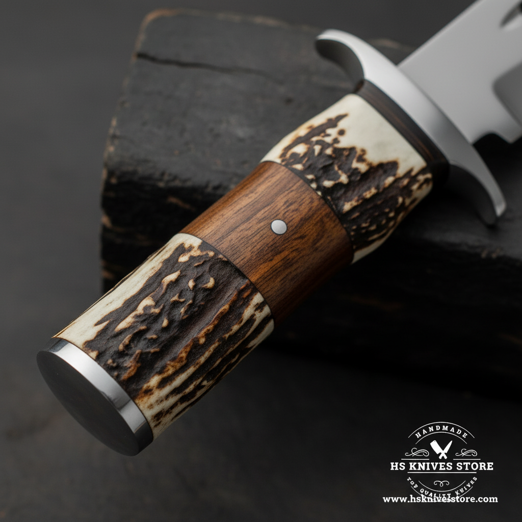 Macro view of two-section stag horn and dark brown wood handle with silver pins and crossguard on D2 steel Bowie knife