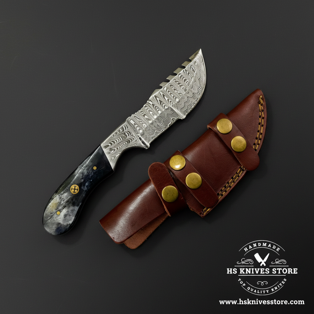 Damascus gut hook knife with bone handle and dark brown leather sheath mirror view on dark charcoal background