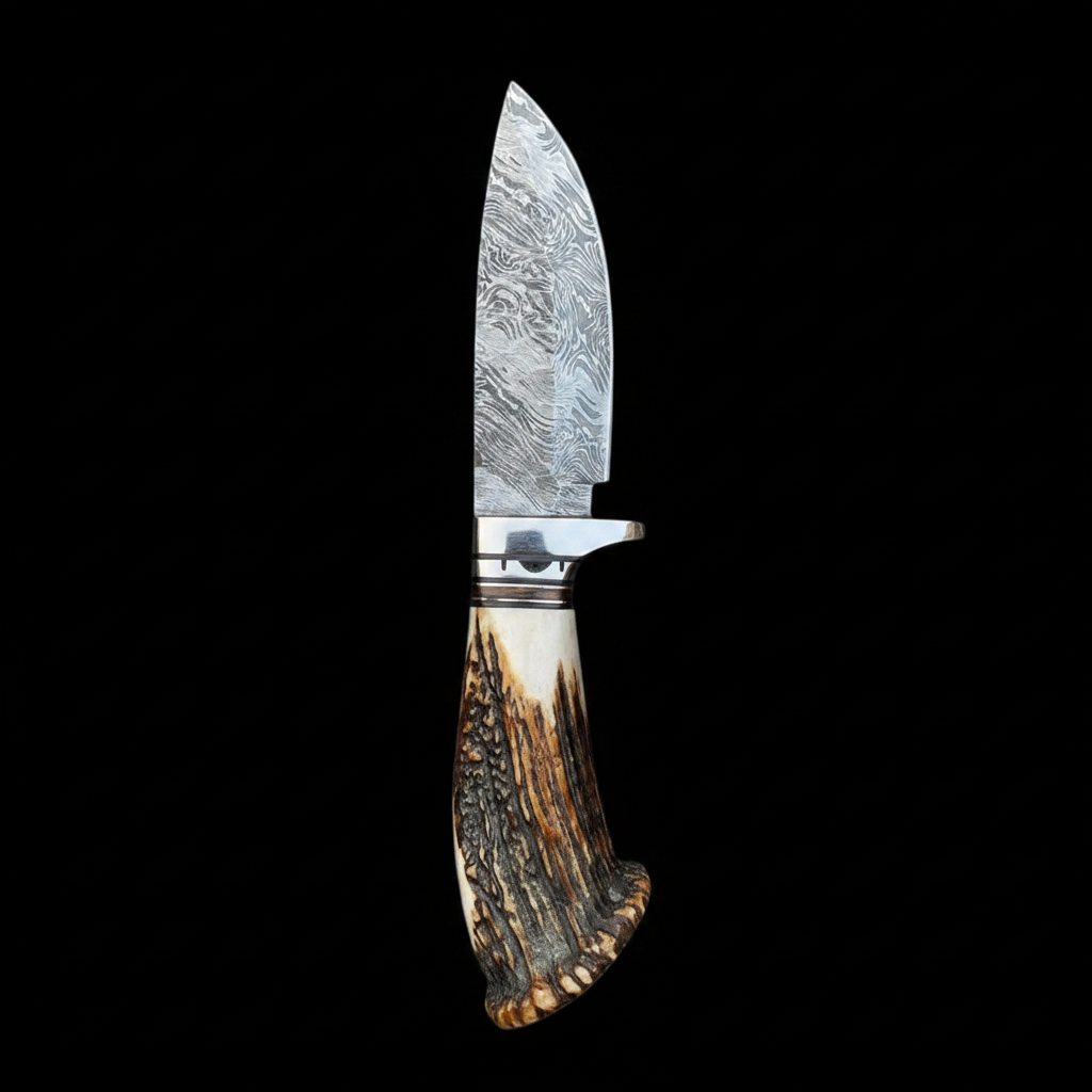 Handmade Damascus skinner knife vertical dark background luxury shot