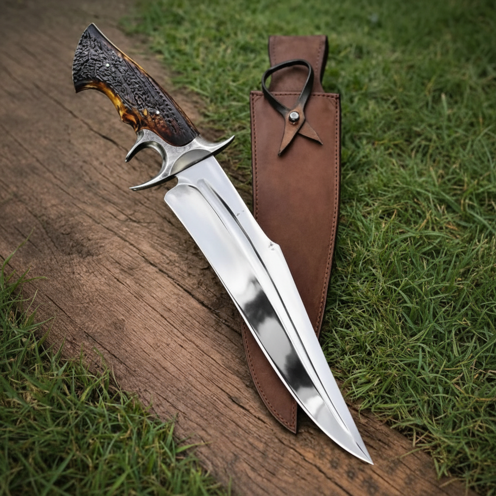Handmade Bowie knife with leather sheath on grass outdoor