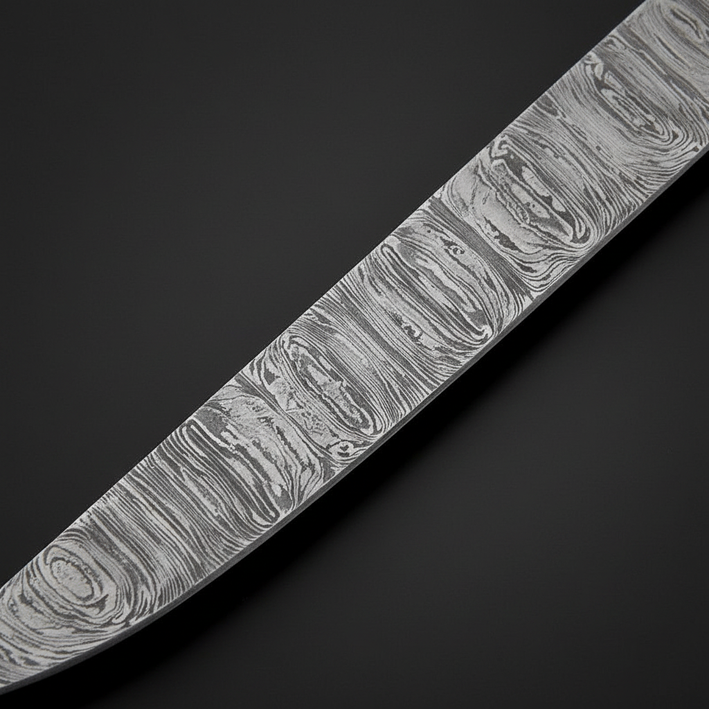 Damascus steel fillet blade close-up showing flowing layered Damascus pattern and sharp pointed tip