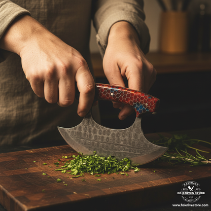 Hands using Damascus steel ulu knife with honeycomb resin handle in rocking chopping motion on dark wooden cutting board lifestyle shot
