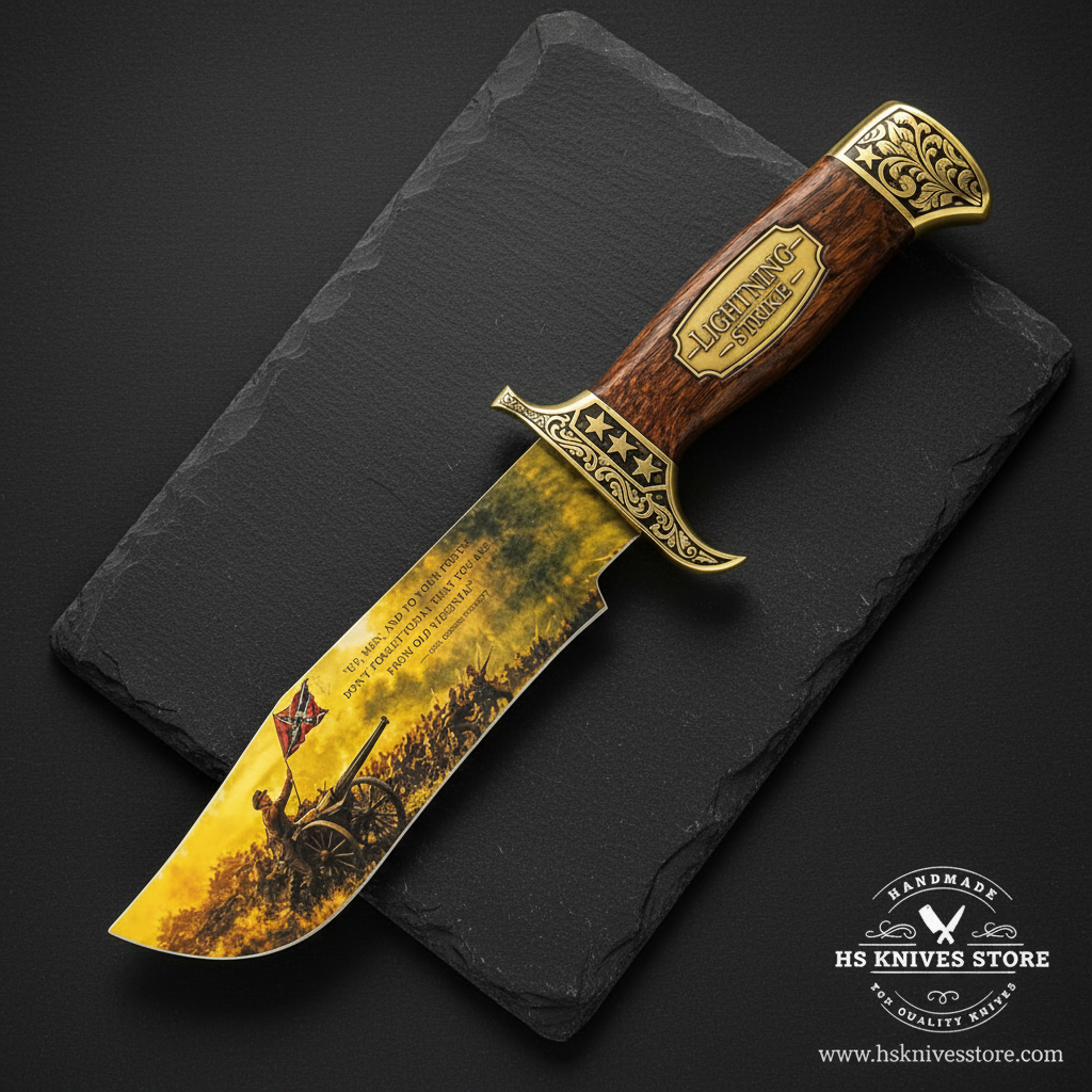 Lightning Strike Bowie knife with historical artwork presented on a dark slate luxury background