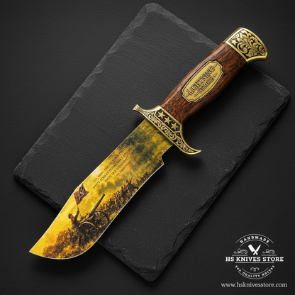 Lightning Strike Bowie knife with historical artwork presented on a dark slate luxury background