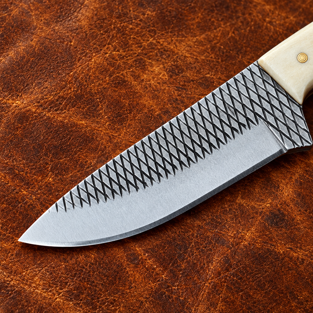 Macro detail of the crosshatched Rasp Steel texture and bright bevel on Cowboy Bush Knife