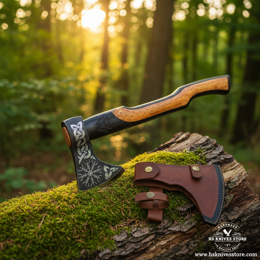 Viking Norse tomahawk axe embedded in mossy log in forest setting with golden hour light