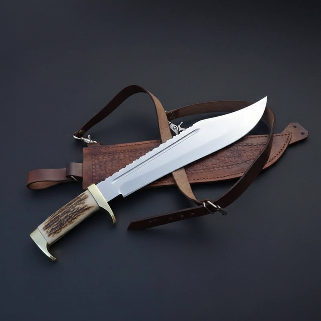 Handmade 16 inch American classic Bowie knife with stag antler handle and brass guard, dark charcoal studio background right facing