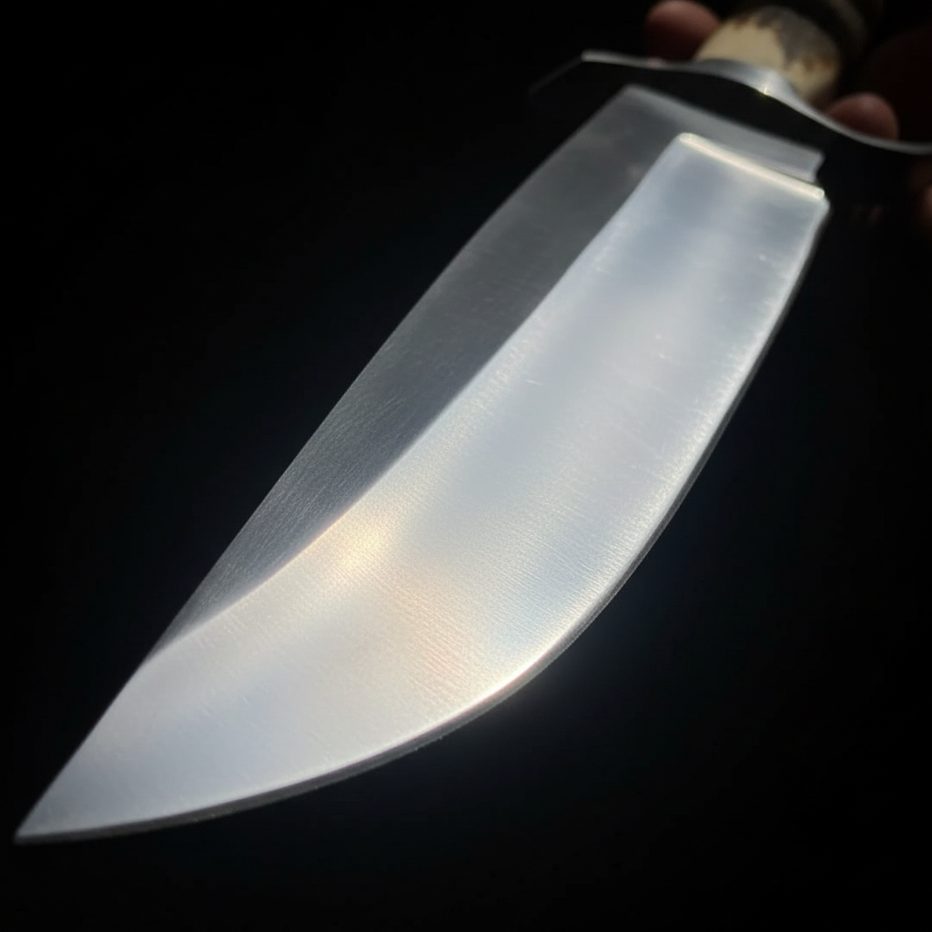 D2 steel wide clip point Bowie knife blade mirror polish close-up