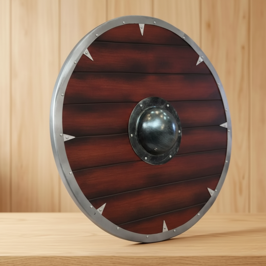 Angled detail of dark wood planks, metallic-look rim, rivets, and corner accents on a Viking shield