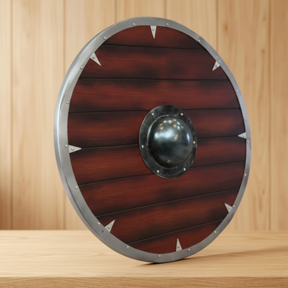 Angled detail of dark wood planks, metallic-look rim, rivets, and corner accents on a Viking shield