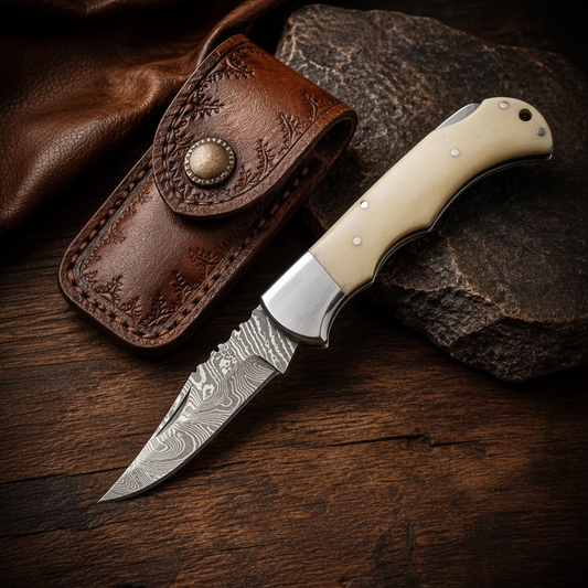 Damascus folding pocket knife flat lay dark wood surface floral leather sheath