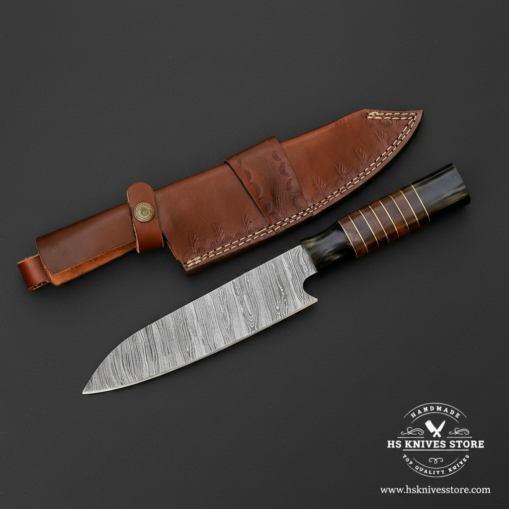 Damascus chef knife with buffalo horn wood handle and embossed leather sheath on dark charcoal background studio shot