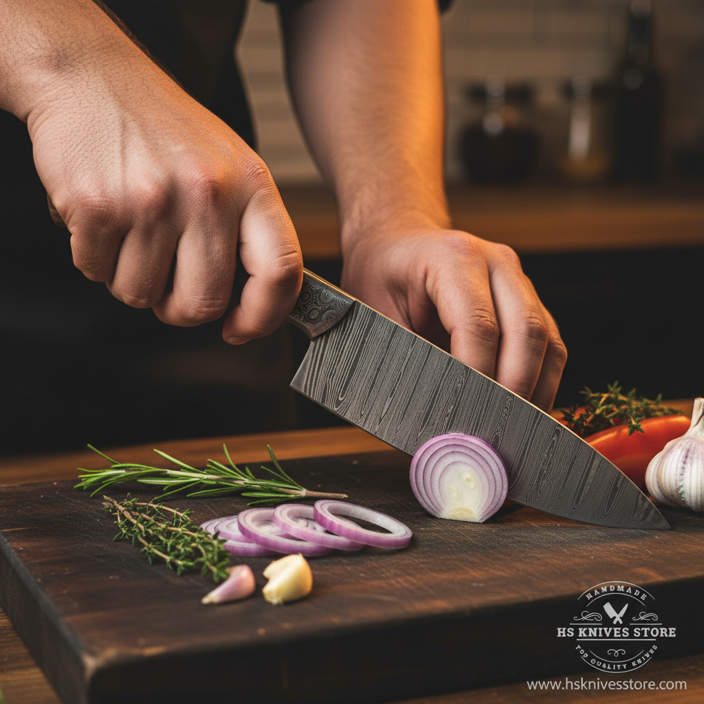 Damascus chef knife lifestyle chef hand slicing vegetables rustic kitchen cutting board
