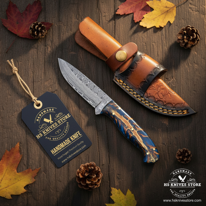 Damascus skinner knife flat lay with blue resin pine cone handle and HS Knives Store hang tag on rustic wood with autumn leaves