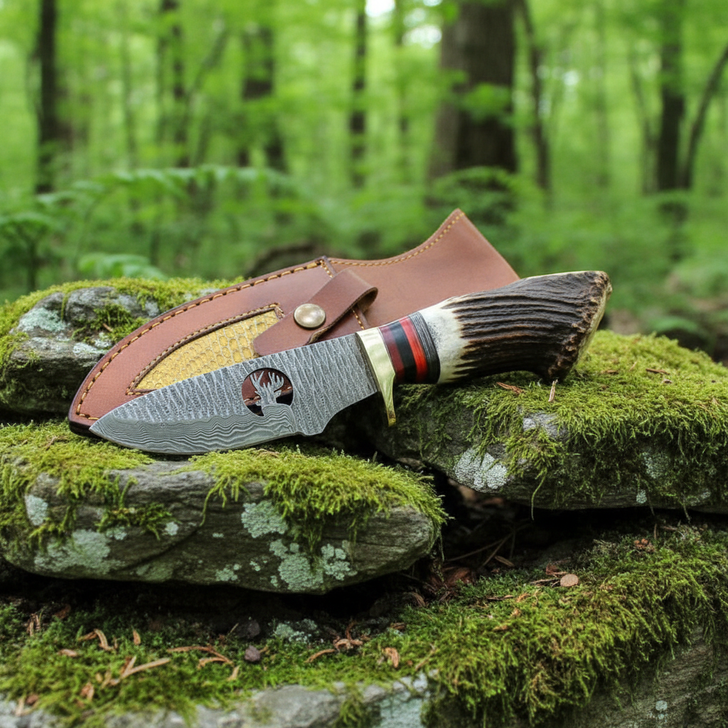 Damascus hunting knife on mossy rocks outdoor nature setting
