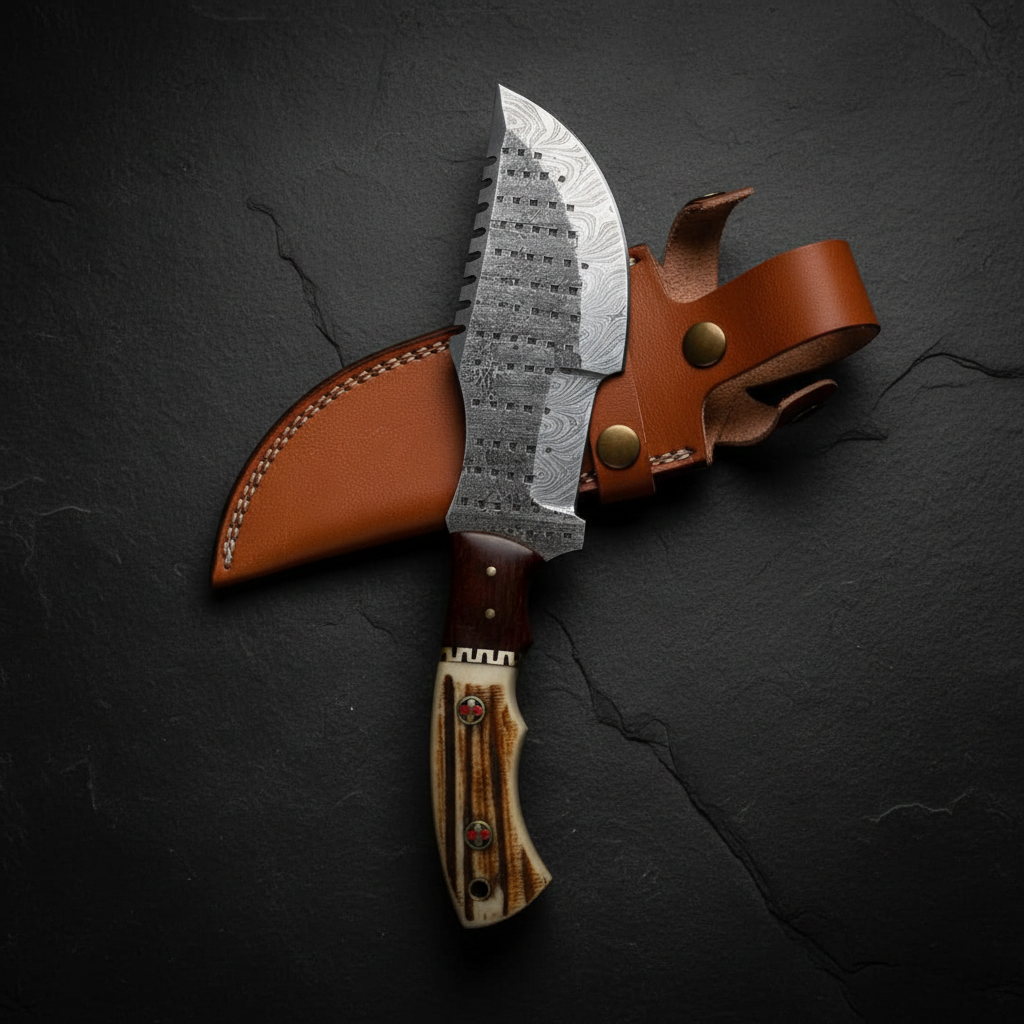 Vertical luxury shot of handmade Damascus tracker knife on dark slate background with tan leather sheath