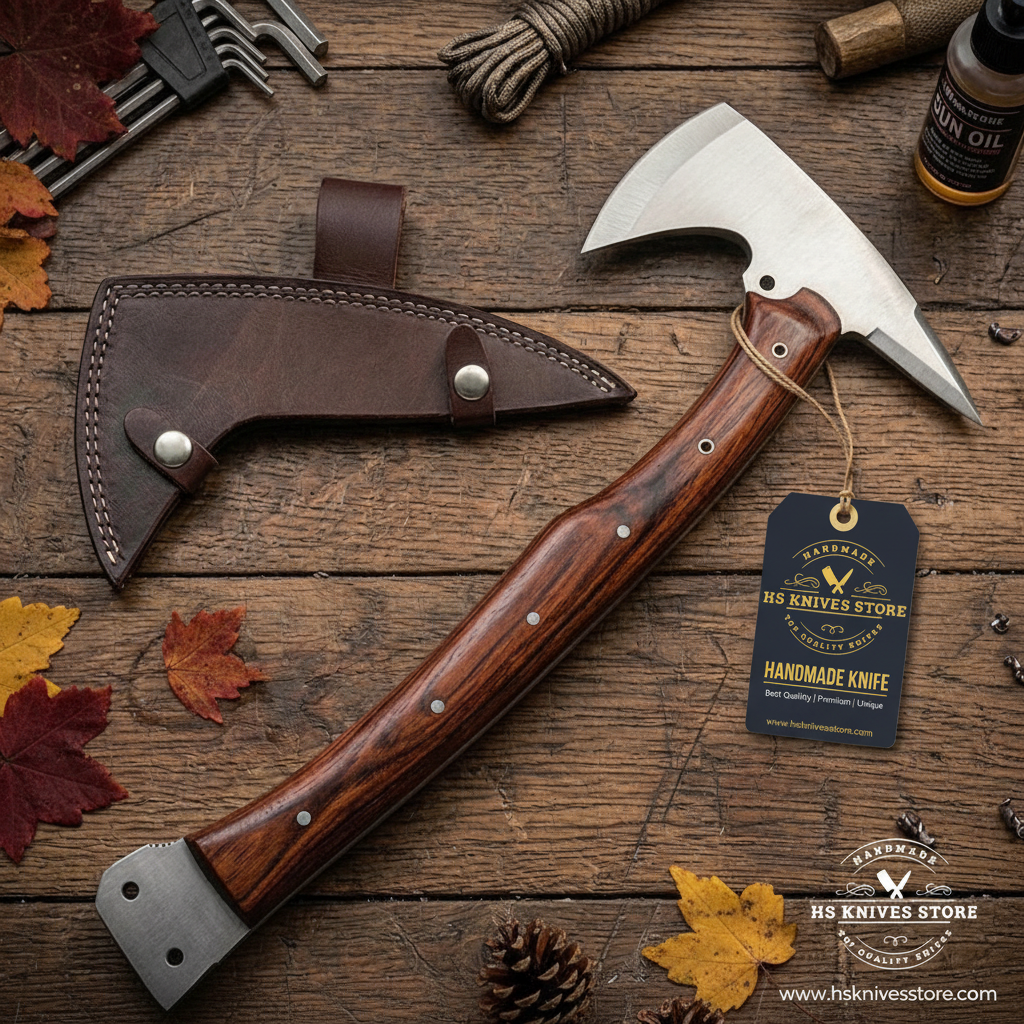 Flat lay carbon steel tomahawk axe rosewood handle HS Knives Store hang tag dark rustic wood autumn leaves
