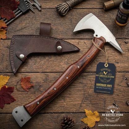 Flat lay carbon steel tomahawk axe rosewood handle HS Knives Store hang tag dark rustic wood autumn leaves