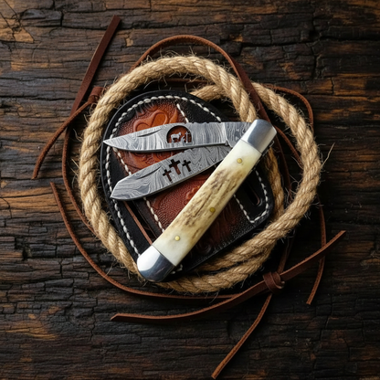 Damascus double blade folding knife with stag handle and embossed leather pouch overhead flat lay on dark rustic wood