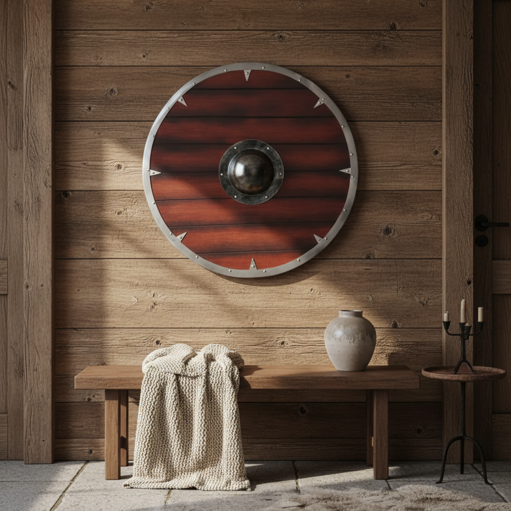 Handmade wooden Viking round shield mounted on a rustic Norse-inspired wall
