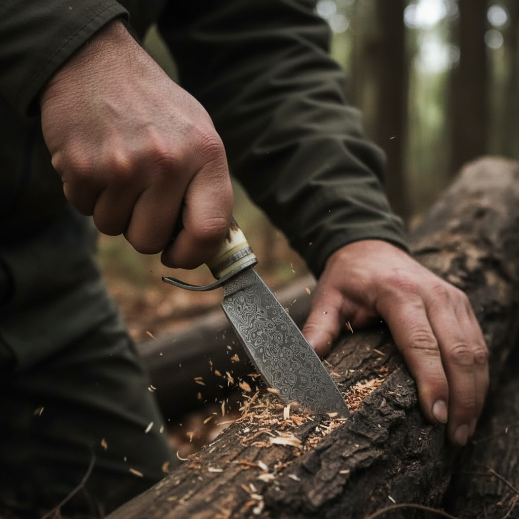 Rugged hands using Damascus steel hunting knife with stag antler handle to carve wood outdoors forest bark background action shot