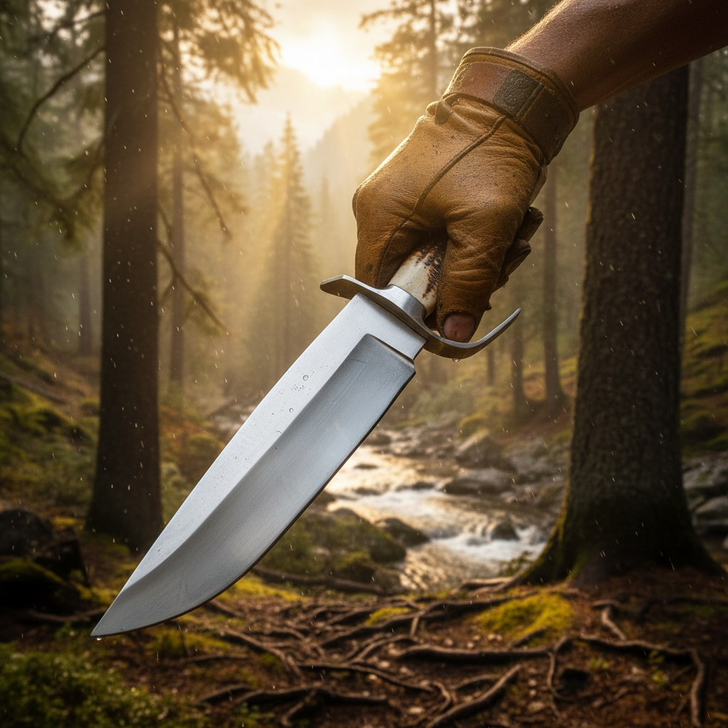 Outdoorsman hand holding large D2 Bowie knife antler handle wilderness